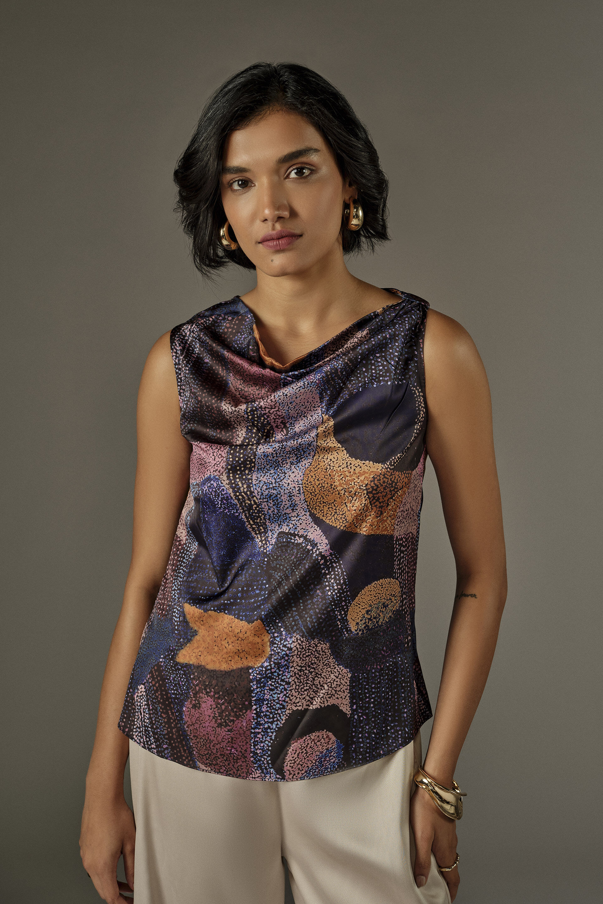 Slant Cowl Neck Top in Navy